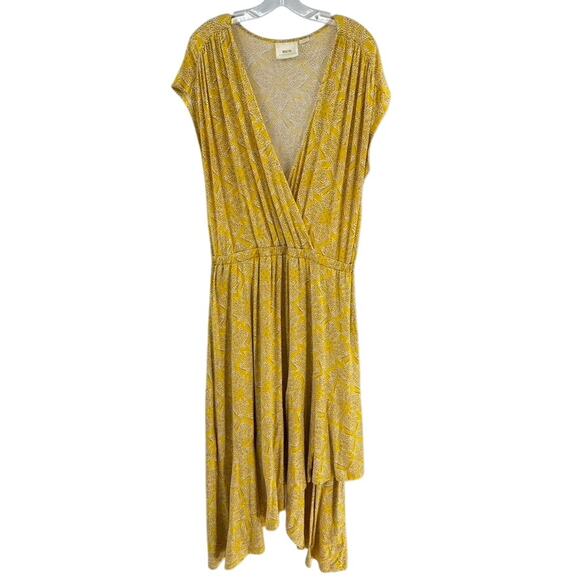 Maeve Anthropologie Fete Faux Wap Dress Sz L Midi Hi Low Yellow - Picture 2 of 7